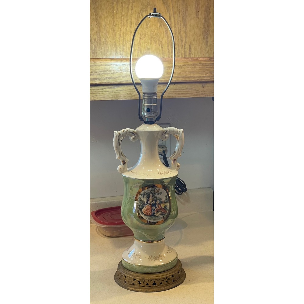 Vintage Fragonard Courting Couple Urn Lamp Green Porcelain Gold Trim Brass Base